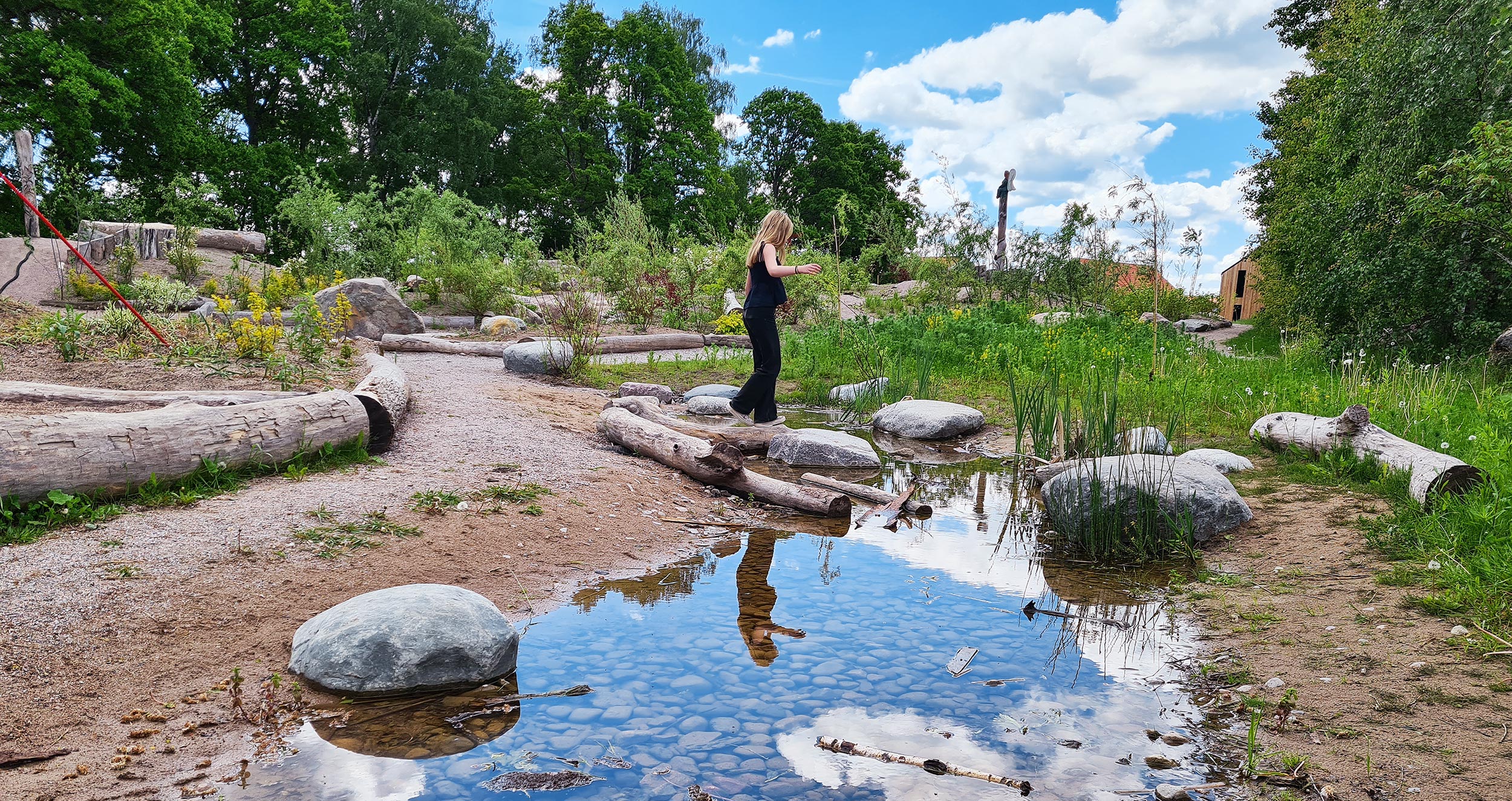 Picture of a girl balancing on a log in a park with meadow flowers, small paths, a pond and some rocks.