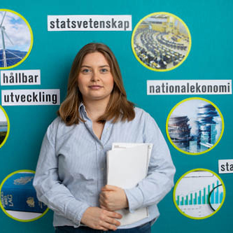 A girl is standing against a bulletin board with pictures on it, and the words law, economics, political science, statistics and sustainable development .