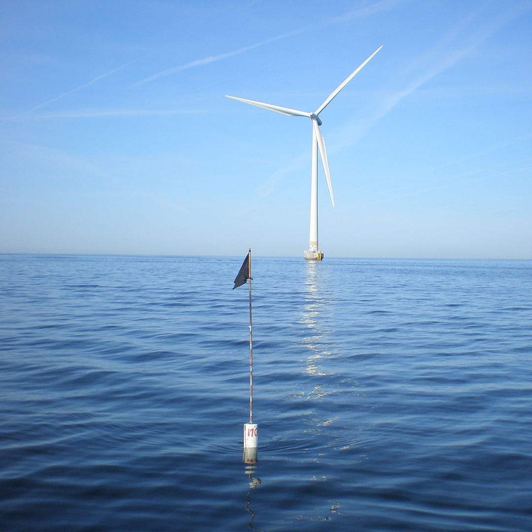Wind turbine and calm sea surface in sunshine
