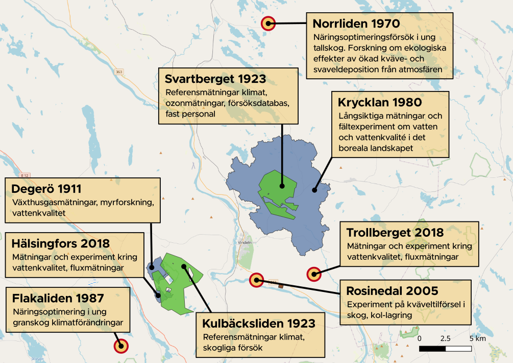 Map over different research infrastructures in Vindeln