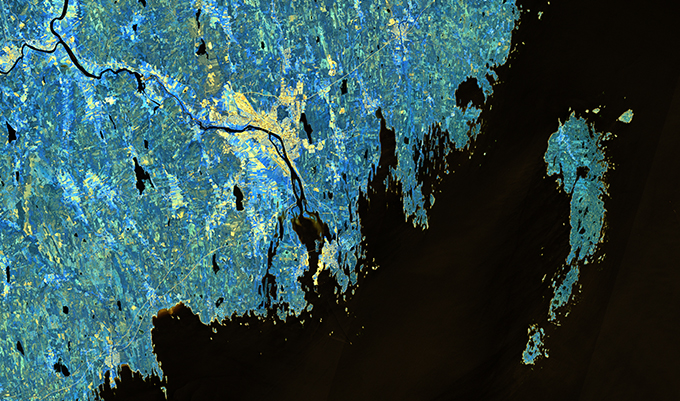 Rastrerad satellitbild över Umeå med omnejd. Bild.