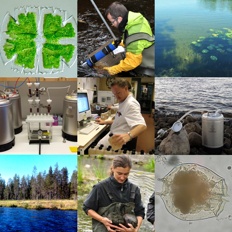 Kollage med nio foton på bland annat plankton, provtagning och laboratoriearbete.