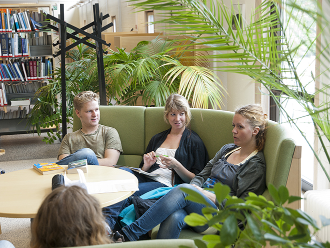 Students sit in sofa group in the library and study, photo.