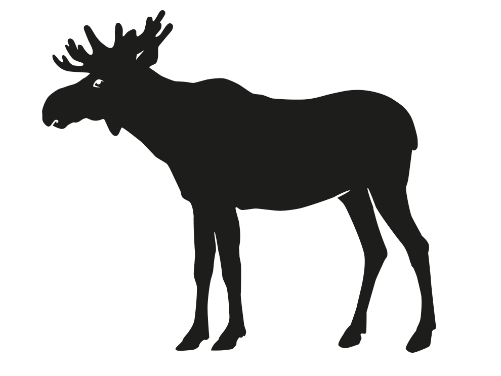 Black silhouette of a moose with big antlers.