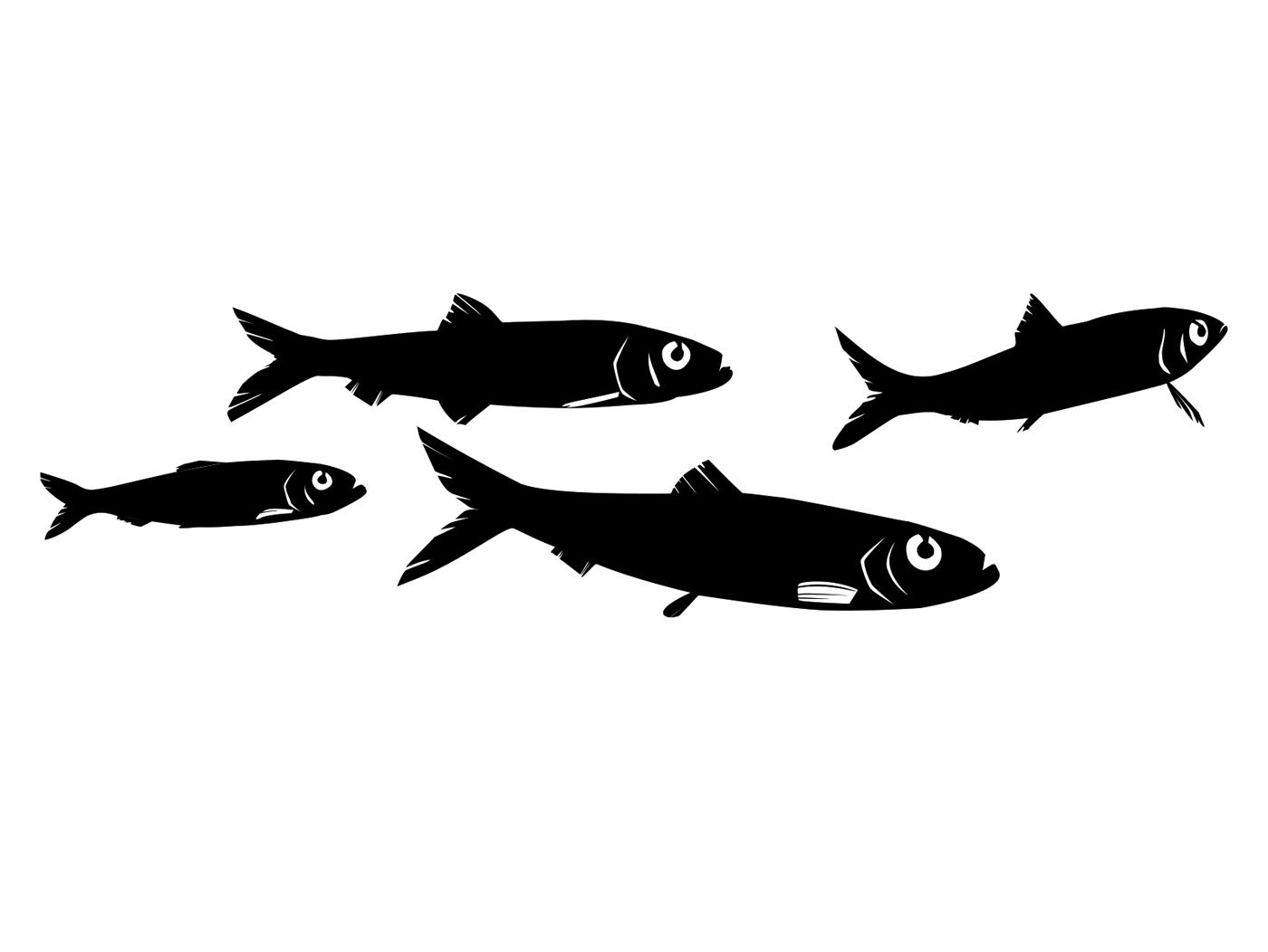 Black silhouettes of four herrings swimming in a row.