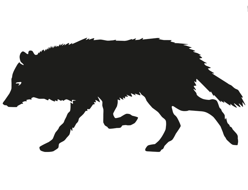 A black silhouette of a running wolf.