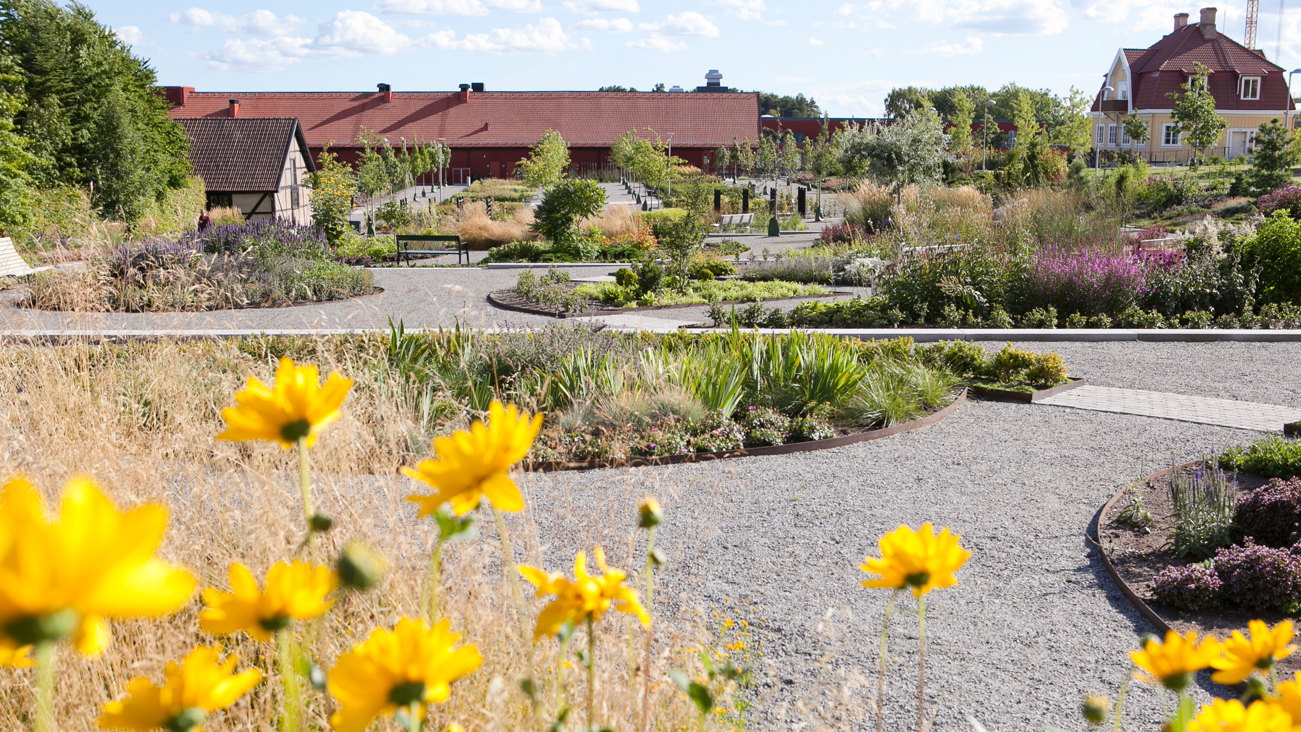 En parkmiljö med planteringar, bänkar och gångar.