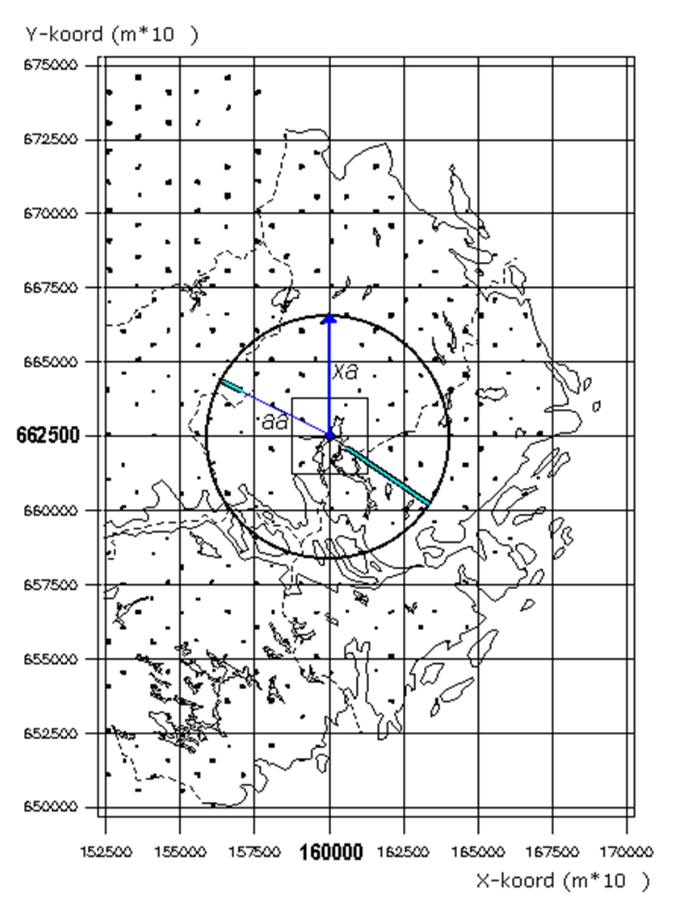 Illustration av rutnätet med skärningspunkter på 25 km´s avstånd från varandra