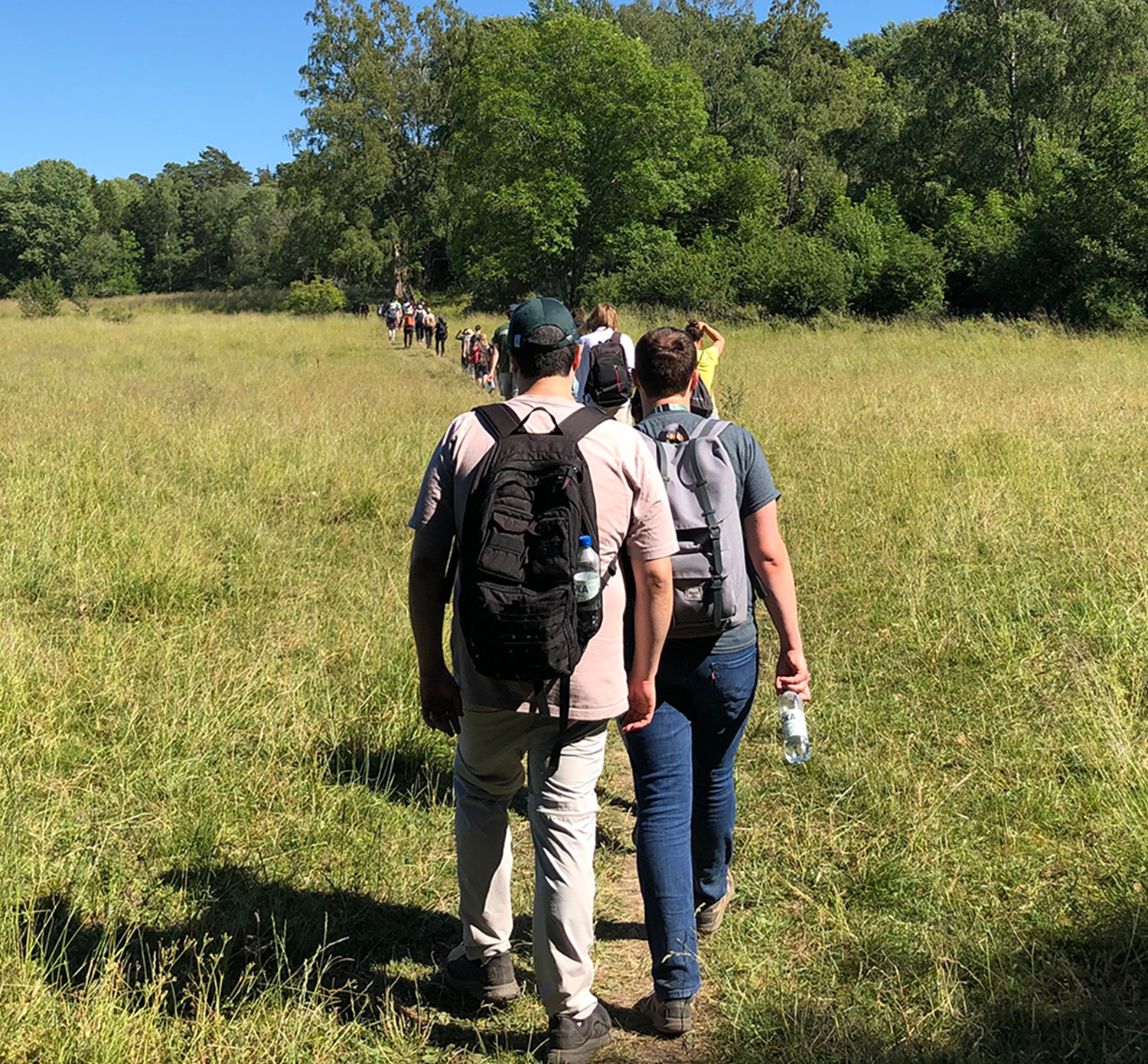 People on a path over a field