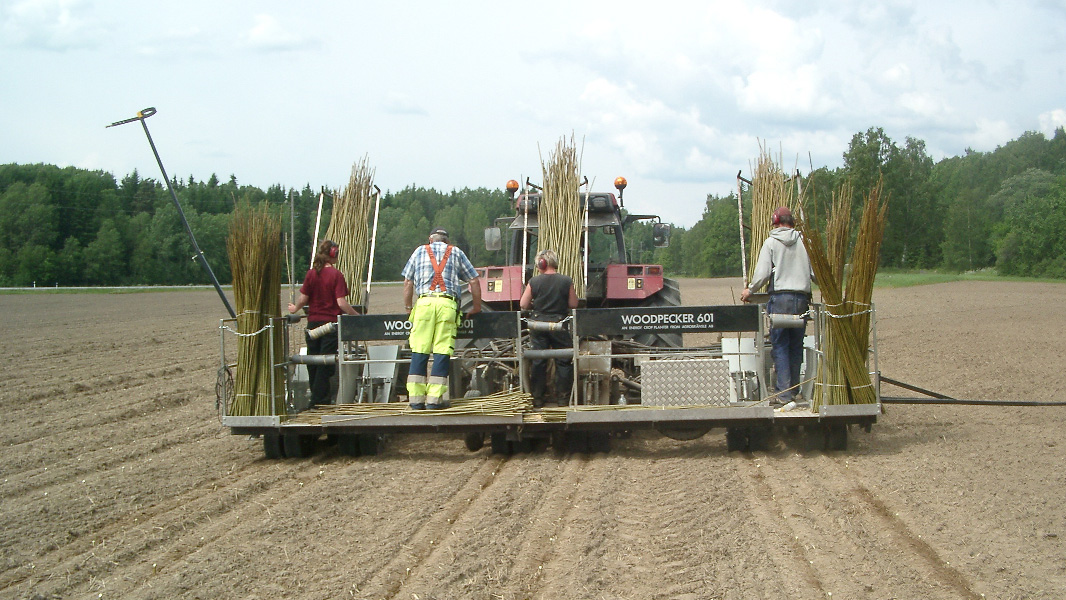 Four people are driving away in a planting machine in a field.