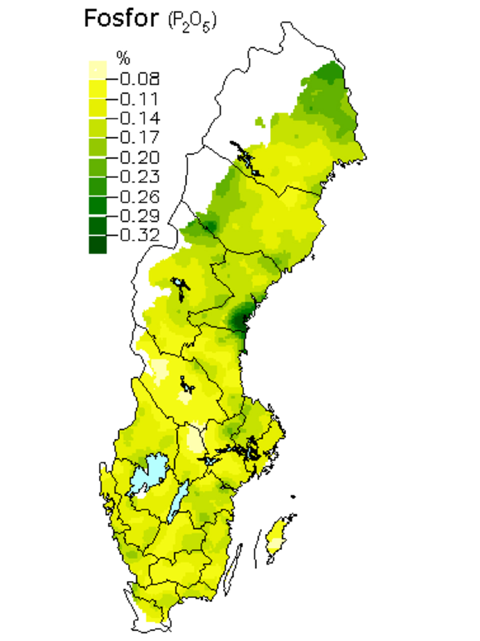 Medelhalter av fosforoxid i skogsmark. Karta över Sverige.