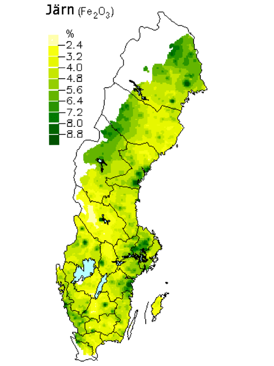 Medelhalter av järnoxid i skogsmarker. Karta över Sverige.