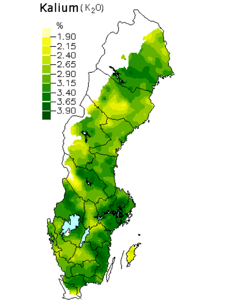 Kaliumoxid i skogsmarker. Karta över Sverige.