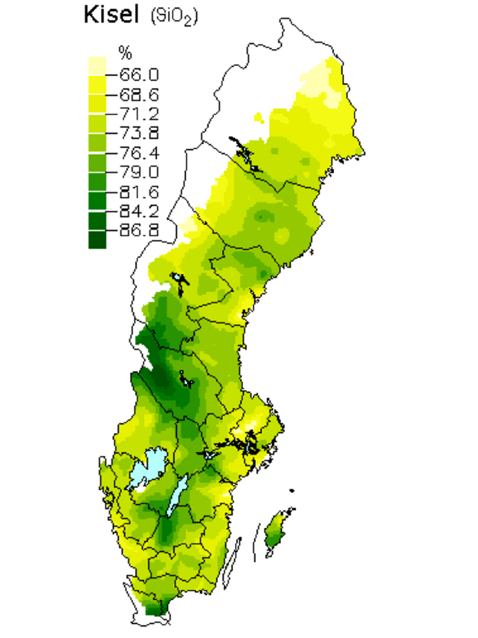 Kiseldioxid i skogsmarker. Karta över Sverige.
