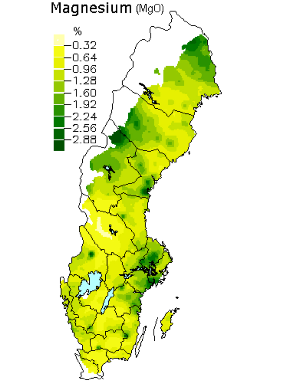 Magnesiumoxid i skogsmarker. Karta över Sverige.