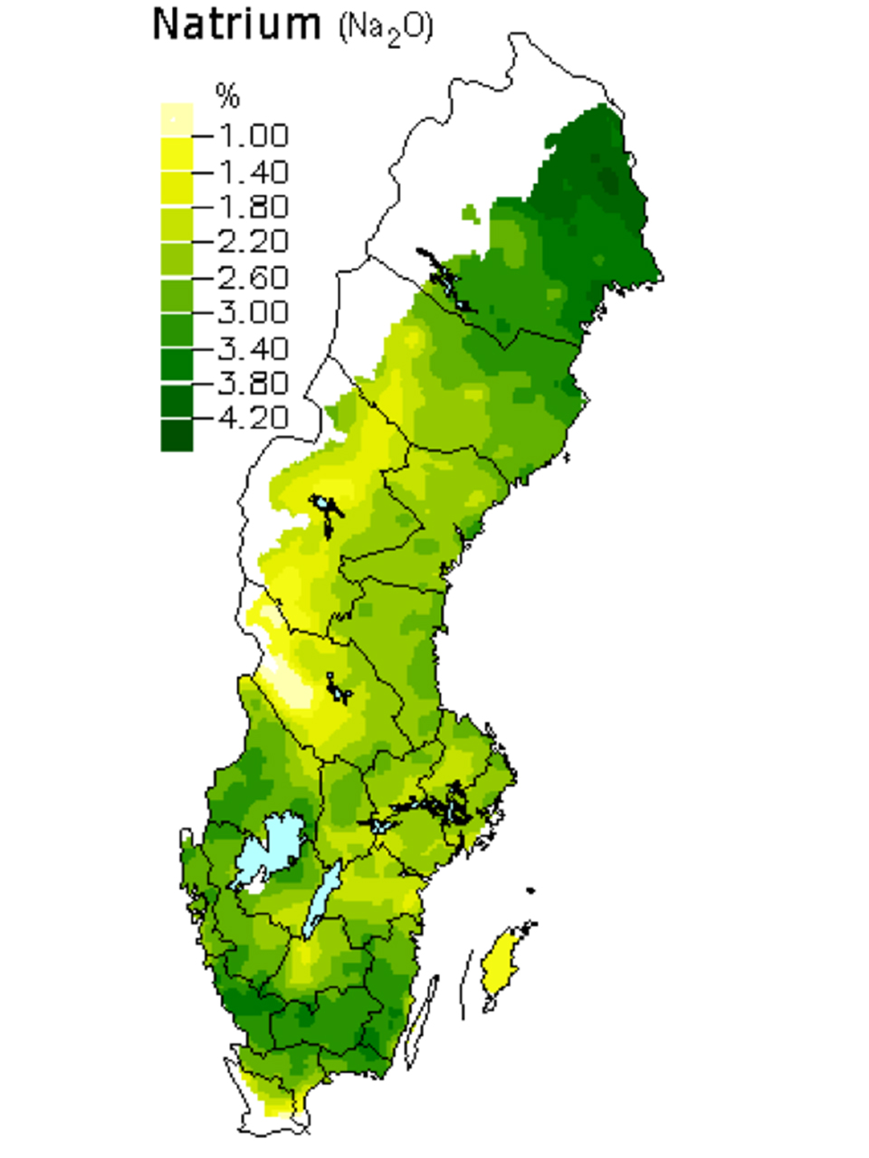 Natriumoxid i skogsmarker. Karta över Sverige.