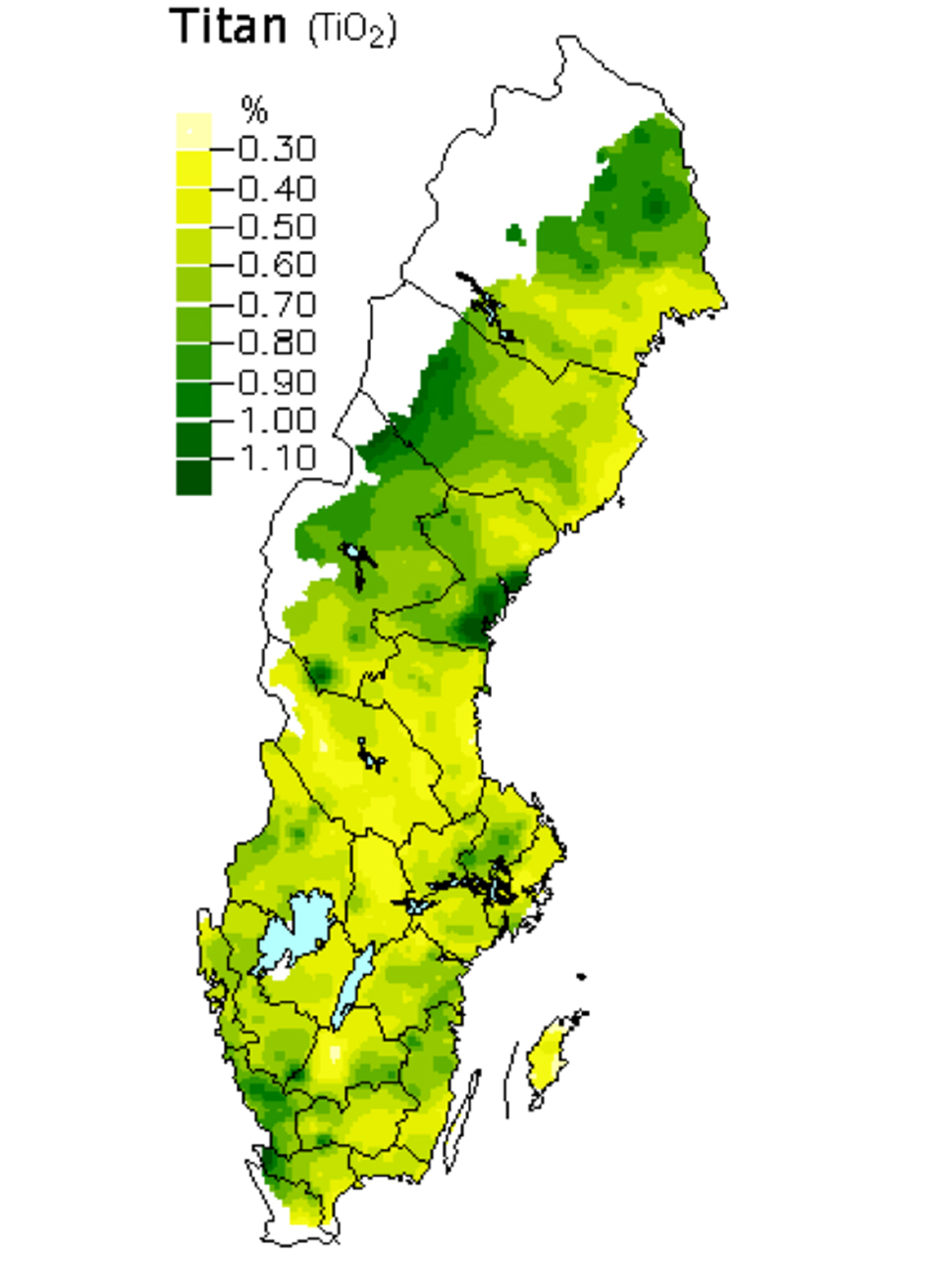 Titanoxid i skogsmarker. Karta över Sverige.