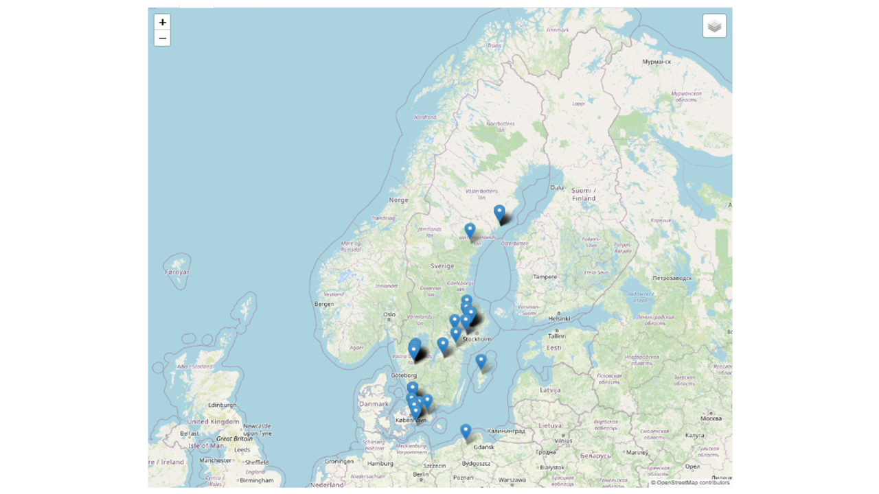 Map of Sweden with digital pins in a number of locations.