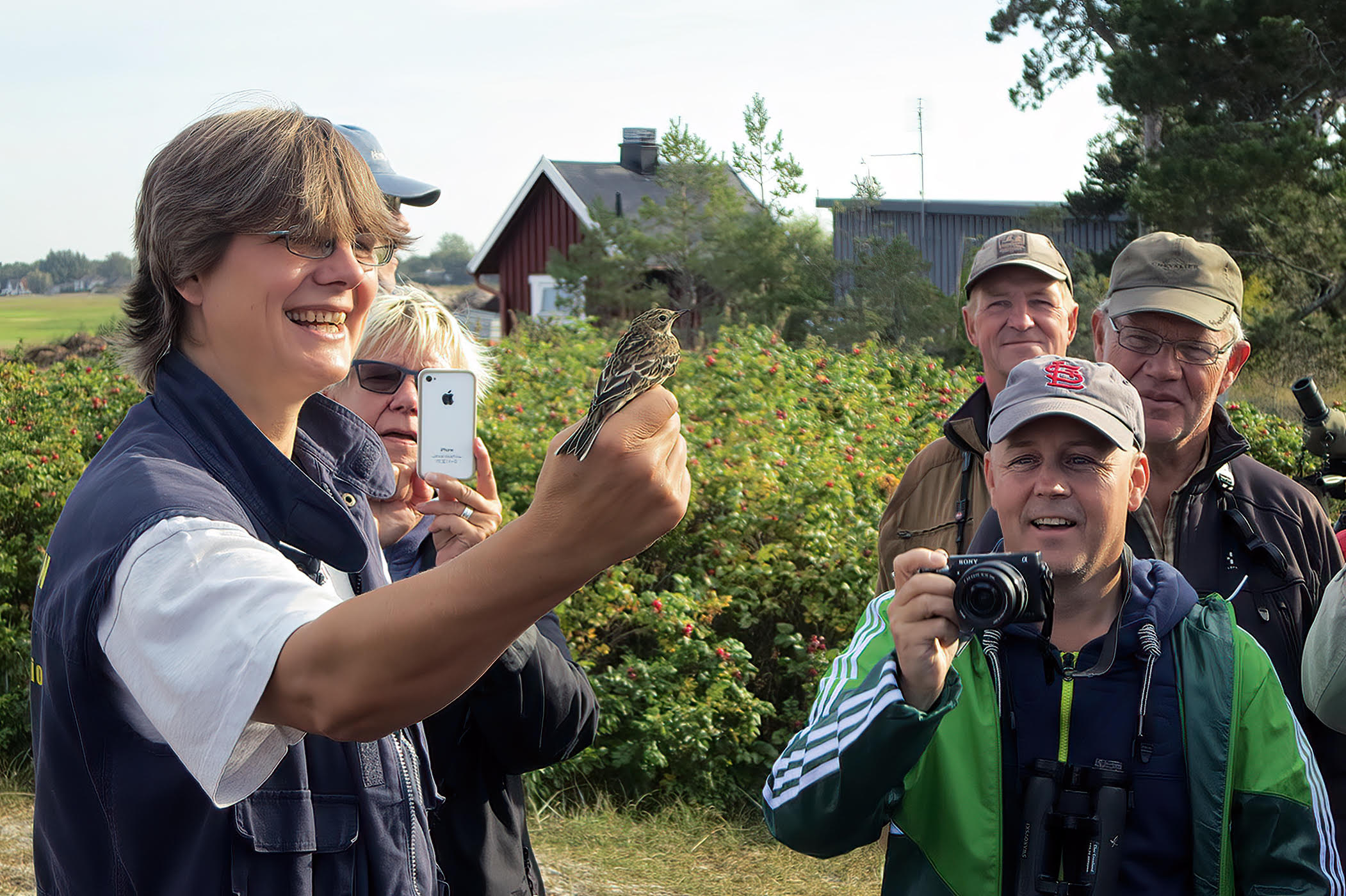 En guide håller en rödstrupig piplärka i handen och visar upp den för en grupp. 