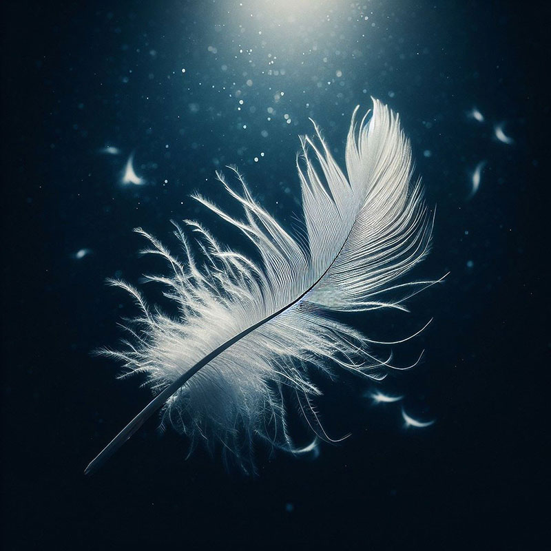 A white feather on dark background. Glittering light from above. Ai generated.
