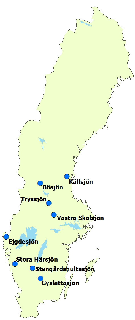 Sverigekarta med de kalkade sjöarnas position.