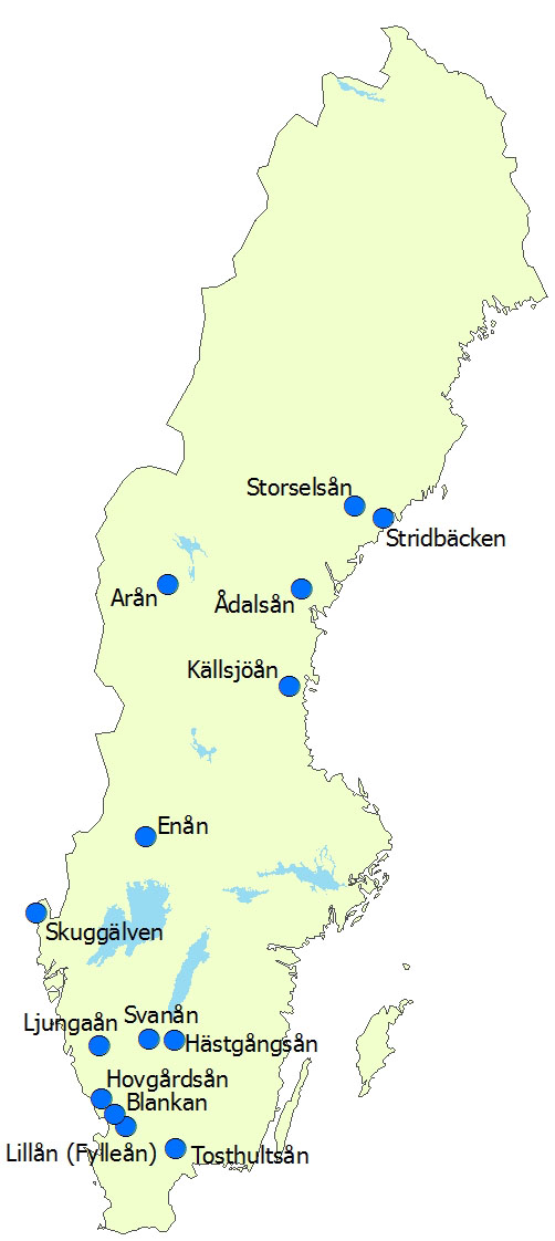 Kalkade vattendrag. Sverigekarta.