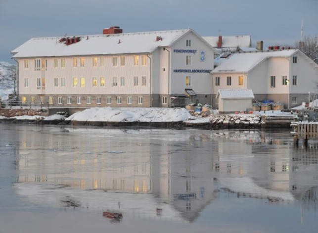 byggnaden som ligger vid vattnet är snötäckt