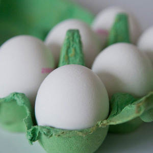 Vita ägg i grön kartong. Foto.