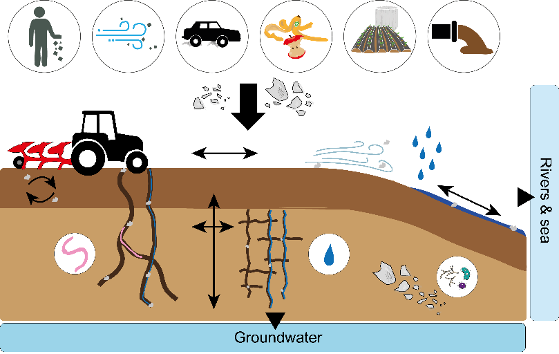 Illustration av hur mikroplaster förflyttar sig i marken.
