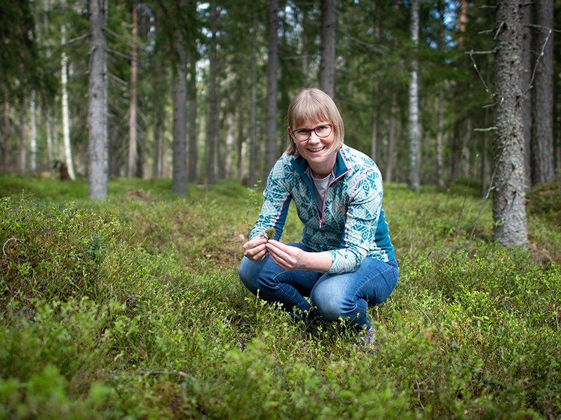 A woman crouching in the forest. Photo.