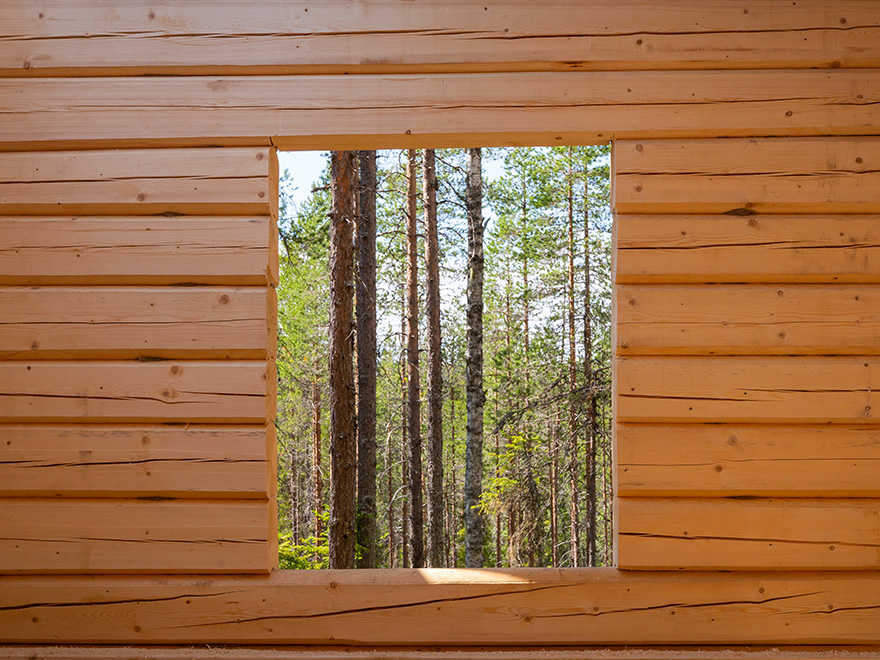 Timrad stuga med fönster mot en skog