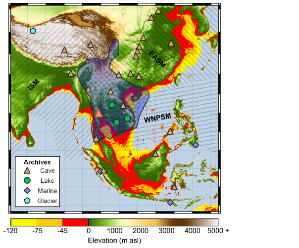Map of palaeoclimate archives and summer monsoon sub-systems in Southeast Asia