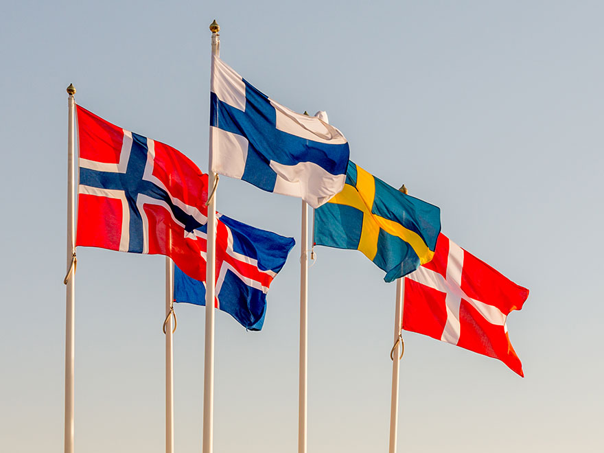 Flags from the Nordic countries. Photo.