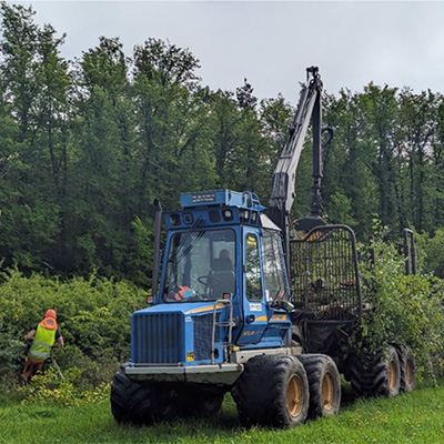 Skogsarbetare i varselväst och blå skogsmaskin lassad med träd. Foto