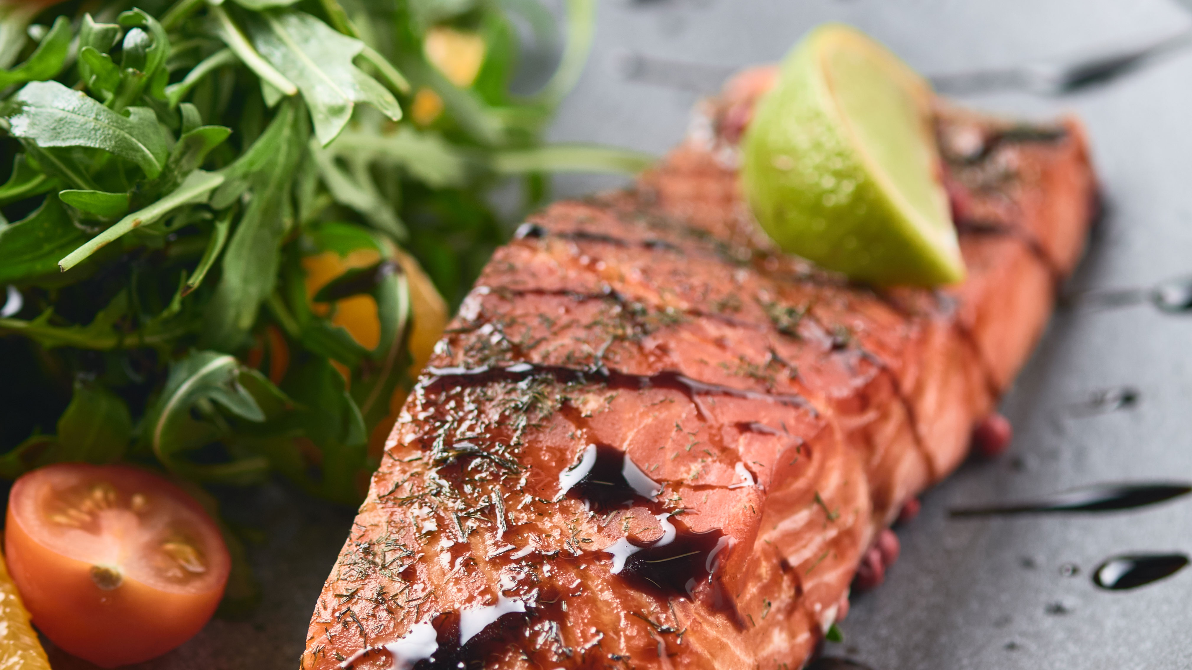 Salmon on a dinner plate.