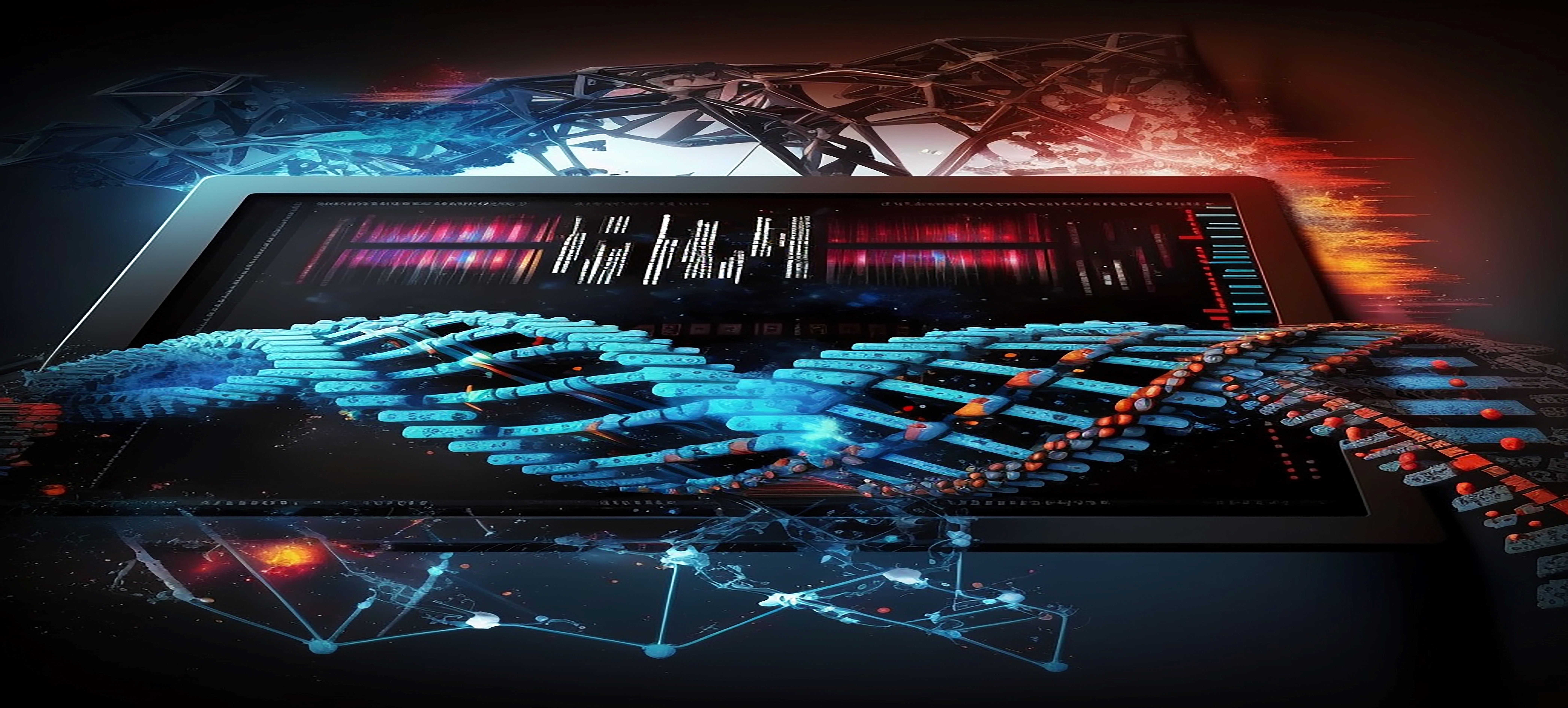 DNA strand and screen showing statistics